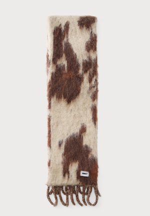 Cream and brown patterned fuzzy scarf with fringed ends and a small white label reading "OBEY."
