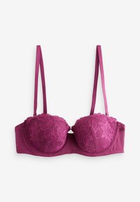 Mauve kanten balconette beha met gevoerde cups, verstelbare bandjes en haaksluiting. Bevat bloemmotieven en een gladde stof.