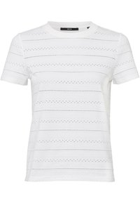 Hvid kortærmet t-shirt med teksturerede vandrette striber og små perforeringer. Rund hals, blødt stof, afslappet pasform.