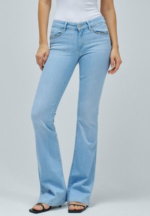 Light blue flared jeans with a mid-rise waist, featuring front pockets and embellished seams, made of denim with smooth texture and faded finish.