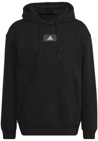 Sudadera negra hecha de algodón suave. Presenta un bolsillo canguro, capucha ajustable con cordón y un pequeño parche de logo gris en el pecho.