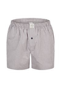 Kraťasy v kostkovaném vzoru s odstíny fialové a bílé, elastický pas a jedno knoflíkové zapínání na přední straně.