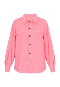 Camicia rosa a coste con colletto, maniche lunghe e due tasche sul petto. Presenta bottoni tondi lungo la parte anteriore e polsini arricciati.