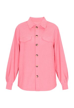 Roze geribde blouse met een kraag, lange mouwen en twee borstzakken. Voorzien van ronde knopen aan de voorkant en geraffineerde manchetten.