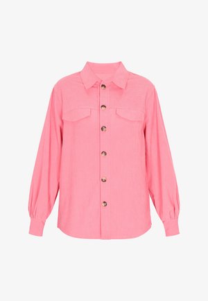 Różowa koszula z falbankami z kołnierzykiem, długimi rękawami i dwoma kieszeniami na piersi. Posiada okrągłe guziki z przodu oraz marszczone mankiety.