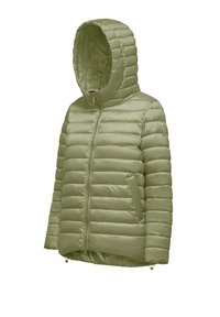 Giacca a vento verde chiaro con cappuccio, caratterizzata da una chiusura con zip, tasche a caduta e una texture trapuntata. Tessuto liscio e lucido.