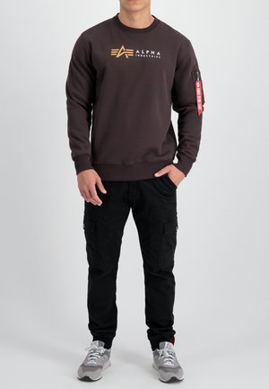 Dark brown sweatshirt with a gold logo, black cargo pants, gray sneakers, and red tag on the arm. Designed for casual wear with pockets.
