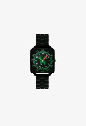 Black plastic wristwatch with a square dial, green accents, black face, red second hand, and bold hour markers. Features a textured band.