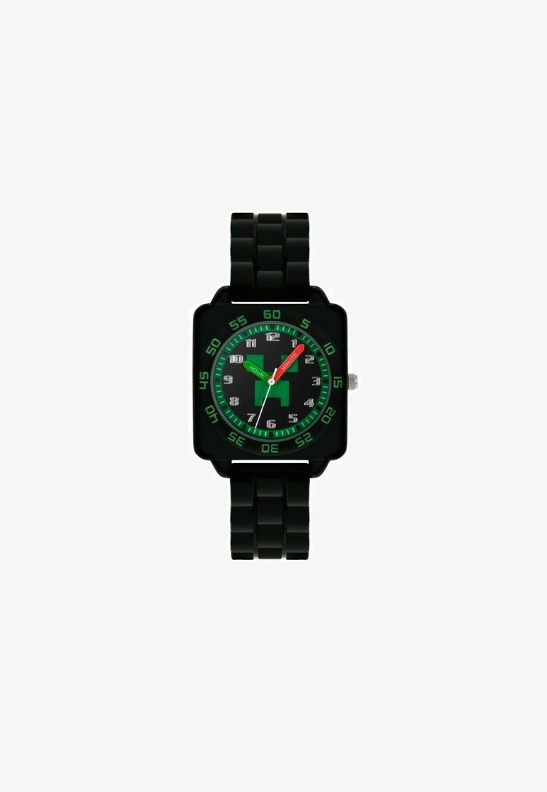 Orologio da polso in plastica nera con quadrante quadrato, dettagli verdi, fondo nero, lancetta dei secondi rossa e indici delle ore in grassetto. Presenta un cinturino testurizzato.