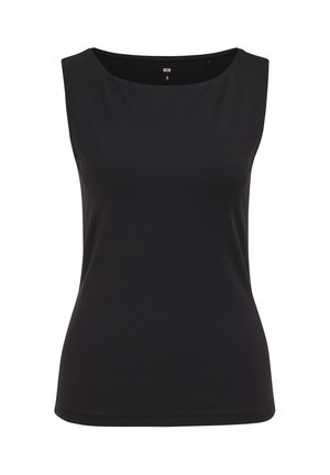 Haut noir sans manches pour femme, ajusté, avec encolure ronde, taille petite, sur fond blanc uni.