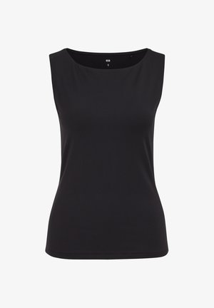 Ärmelloses, eng anliegendes Damenoberteil in Schwarz mit rundem Ausschnitt, Größe Small, vor weißem Hintergrund.