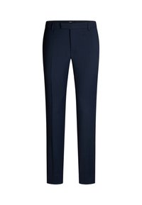 Donkerblauwe op maat gemaakte broek van gladde stof, met een rechte pijp, riemlussen en een rits met knoopsluiting.