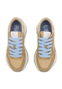 Light brown athletic shoes with blue laces, suede and fabric material, cushioned white sole, and branding on the tongue.
