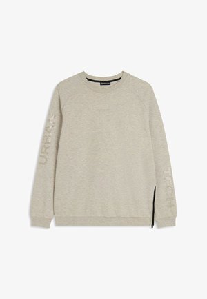 Felpa grigia chiara con maniche raglan. Presenta zip laterali e la parola "URBAN" stampata verticalmente sulla manica sinistra. Texture liscia.