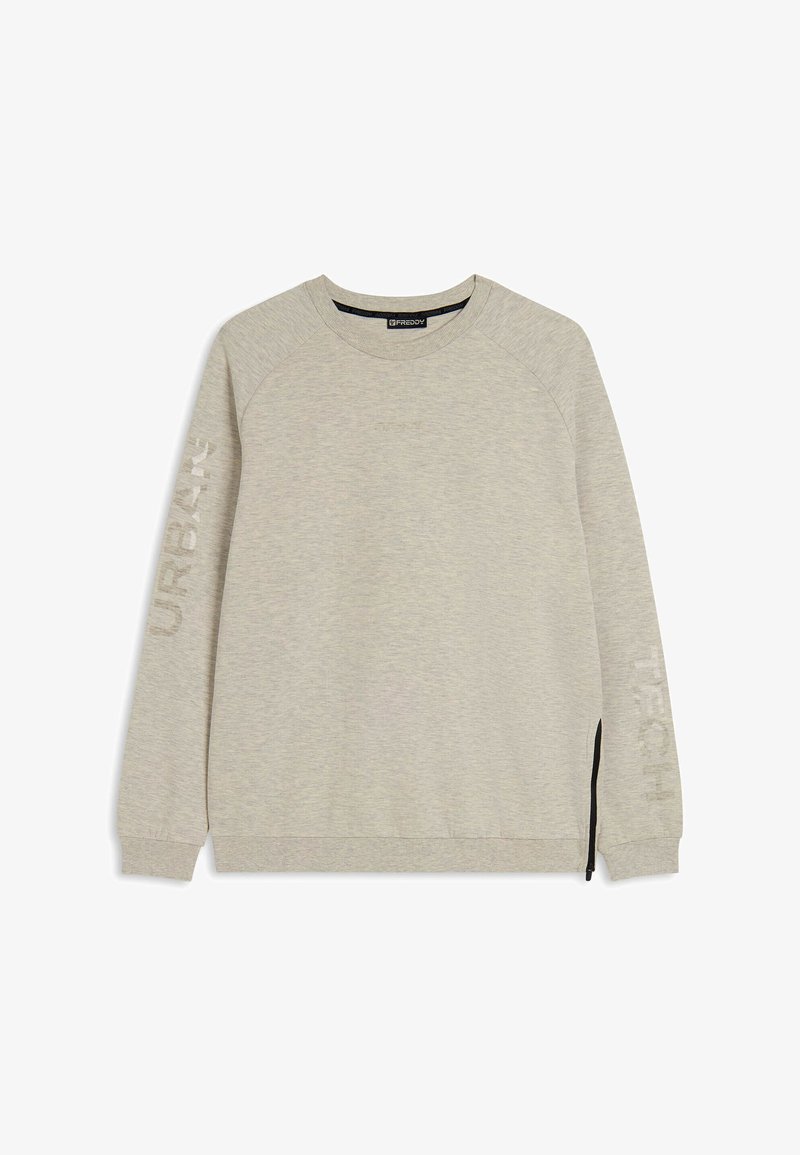 Felpa grigia chiara con maniche raglan. Presenta zip laterali e la parola "URBAN" stampata verticalmente sulla manica sinistra. Texture liscia.