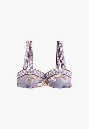 Haut de soutien-gorge à larges bretelles avec un motif paisley et géométrique bleu, marron et blanc sur fond clair.
