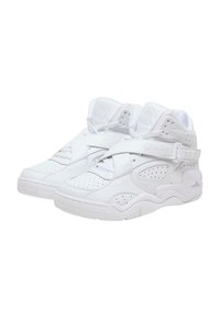 Hvide high-top sneakers lavet af læder, med et perforeret design, rem over midtfoden, polstret krave og struktureret gummisål.