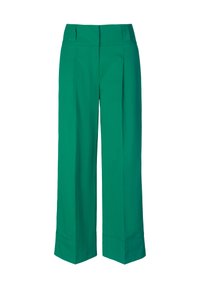 Groene wijde broek met hoge taille, voorzien van plooien aan de voorkant, een gladde textuur en een nette zoomafwerking.