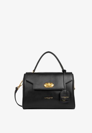 Sac à main en cuir noir au design structuré. Équipé d'un fermoir en métal doré et d'une étiquette d'accent. Comprend une poignée supérieure et une bandoulière amovible.