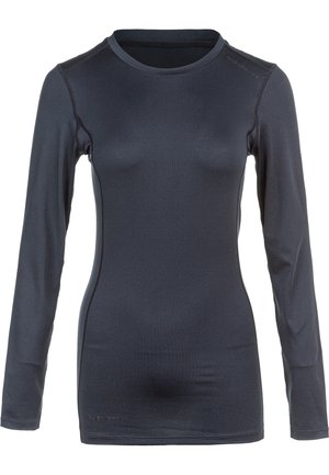 Long-sleeve athletic shirt in dark navy, made of smooth, stretchy fabric. Features a crew neckline and flatlock seams for comfort.