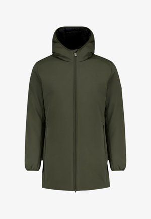 Giacca verde oliva con cappuccio, zip frontale completa, due tasche laterali e polsini elastici. Realizzata in un tessuto liscio e resistente all'acqua.