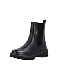 Black leather ankle boot with elastic side panels, rounded toe, and textured rubber sole. Features a pull tab for easy wear.