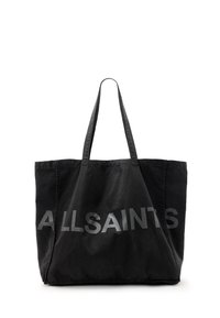 Zwarte canvas schoudertas met het "ALLSAINTS" logo in vetgrijze letters. Heeft twee lange hengsels en een ruime, ongestructureerde vorm.