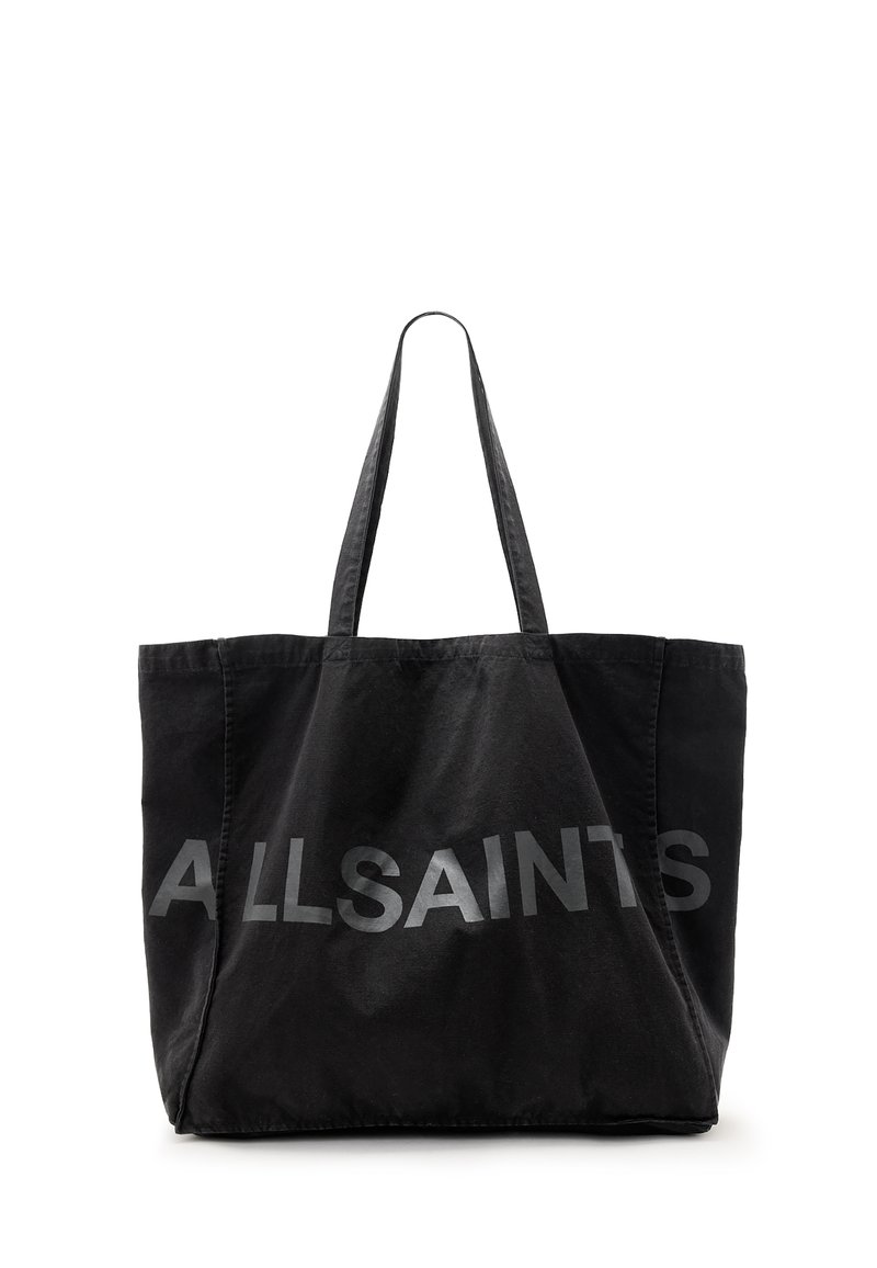 Zwarte canvas schoudertas met het "ALLSAINTS" logo in vetgrijze letters. Heeft twee lange hengsels en een ruime, ongestructureerde vorm.