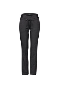 Pantalons légers noirs en tissu texturé, dotés d'une taille à cordon de serrage et de deux poches avant. Design à jambes droites.