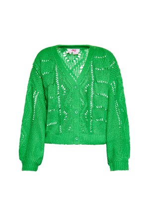 Vihreä neulecardigan, jossa on V-pääntie, nappikiinnitys ja aukkoja sisältävä kuvio. Lyhyet, hieman puffatut hihat ja ribbadun helman.