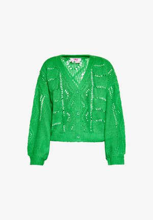 Vihreä neulecardigan, jossa on V-pääntie, nappikiinnitys ja aukkoja sisältävä kuvio. Lyhyet, hieman puffatut hihat ja ribbadun helman.