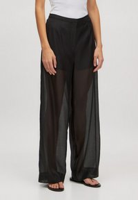 Schwarze transparente Palazzohosen mit weit geschnittenem Bein und einem glatten Bund, aus leichtem Stoff, der die Beine teilweise zur Schau stellt.