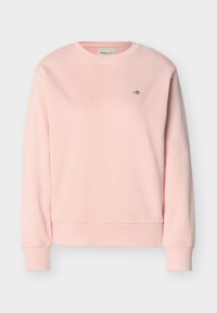 Ανοιχτό ροζ φούτερ με στρογγυλή λαιμόκοψη, μακριά μανίκια, ριμπ μανσέτες και τελείωμα, και μικρό κεντημένο λογότυπο στο αριστερό στήθος.