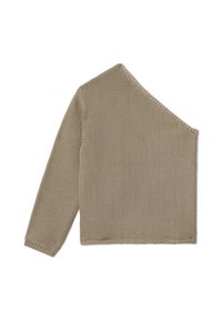 Chandail en tricot taupe, avec un col asymétrique et une manche longue d'un côté. Tissu texturé avec une coupe ample et un poignet côtelé.