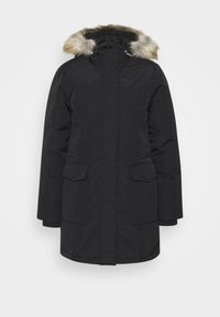 Zwarte waterdichte parka met een capuchon van bont, ritssluiting, twee voorzakken, verstelbare manchetten en een middellange silhouette.