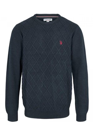 Pull bleu marine col rond avec motif en maille en losange et petit logo rouge brodé sur la poitrine, manches longues, poignets et ourlet côtelés.