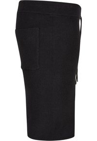 Sorte ribbede shorts med elastisk liv, sidelomme og snor detalj. Materialet har en myk tekstur og en tettsittende design.