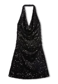 Czarna sukienka na halter z cekinami, z głębokim dekoltem w kształcie czworoboku i dopasowaną górą, która lekko rozszerza się na dole.