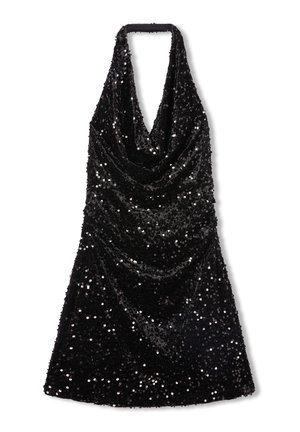 Abito halter nero con paillettes, caratterizzato da un profondo scollo a cappuccio e un corpetto aderente che si allarga leggermente all'orlo.