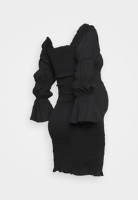 Vestido preto com forma ajustada, mangas longas e bufantes, e franzido texturizado. O design inclui um decote quadrado e uma bainha com volantes.