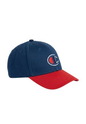 Cappellino da baseball con corona blu navy e visiera curva rossa, con logo rosso e blu navy bordato di bianco sul pannello frontale.