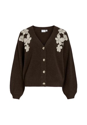 Brūns V-izgriezuma kardigāns ar balonu piedurknēm, priekšējiem pogām un bēšiem ziedu izšuvumiem plecu apgabalos.