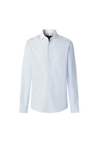Camicia da uomo a maniche lunghe con bottoni, con strisce verticali azzurro chiaro e colletto bianco a contrasto.
