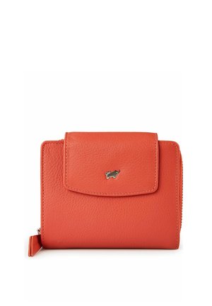 Compact oranje leren portemonnee met een voorflap, zilveren neushoornembleem en een ritssluiting aan de zijkant.