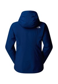 Námořnická větrovka s kapucí, se hladkým povrchem a bílým logem North Face na zadní straně. Jednoduchý design a lehký materiál.