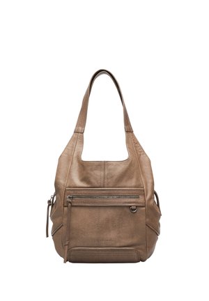 Braune Leder-Schultertasche mit vorderer Reißverschlusstasche, breitem Einzelschulterriemen und dezenten Nahtdetails.