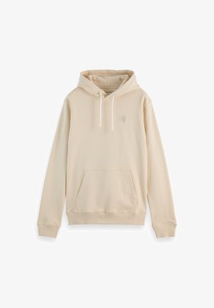 Beige Kapuzenpullover mit Kordelzug, Taschen auf der Vorderseite, gerippten Bündchen und einem kleinen quadratischen Logo auf der Brust. Hergestellt aus weichem, strukturiertem Stoff.