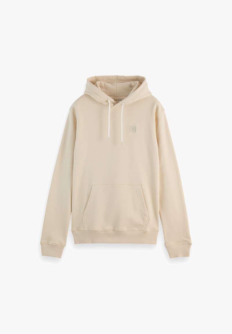Hoodie beige avec une capuche à cordon, une poche avant, des poignets côtelés et un petit logo carré sur la poitrine. Fabriqué en tissu doux et texturé.