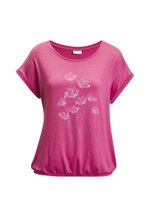 Bright pink short-sleeve blouse with round neckline and light pink floral design on front, elastic hem gathers the bottom.