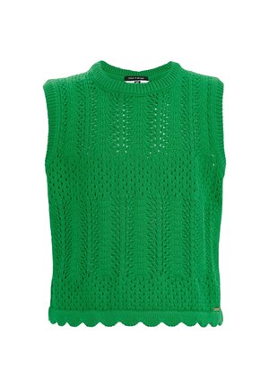 Gilet tricoté vert sans manches avec ourlet festonné et motif en dentelle ajourée, encolure ronde et bords côtelés.